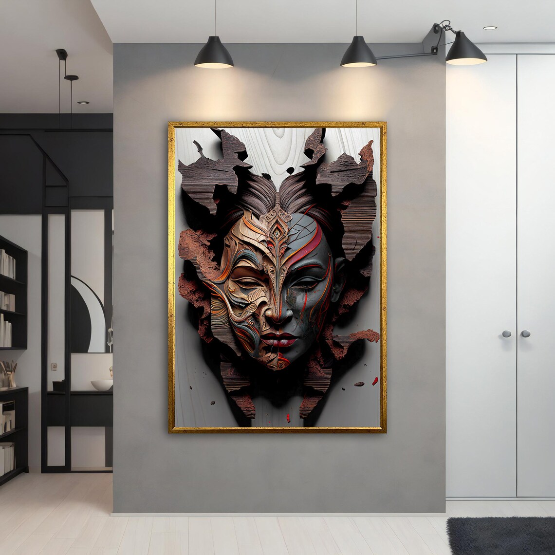 Carved Wooden Tribal Woman Face 3D Sculpture Texture Abstract Art Poster - Image 4