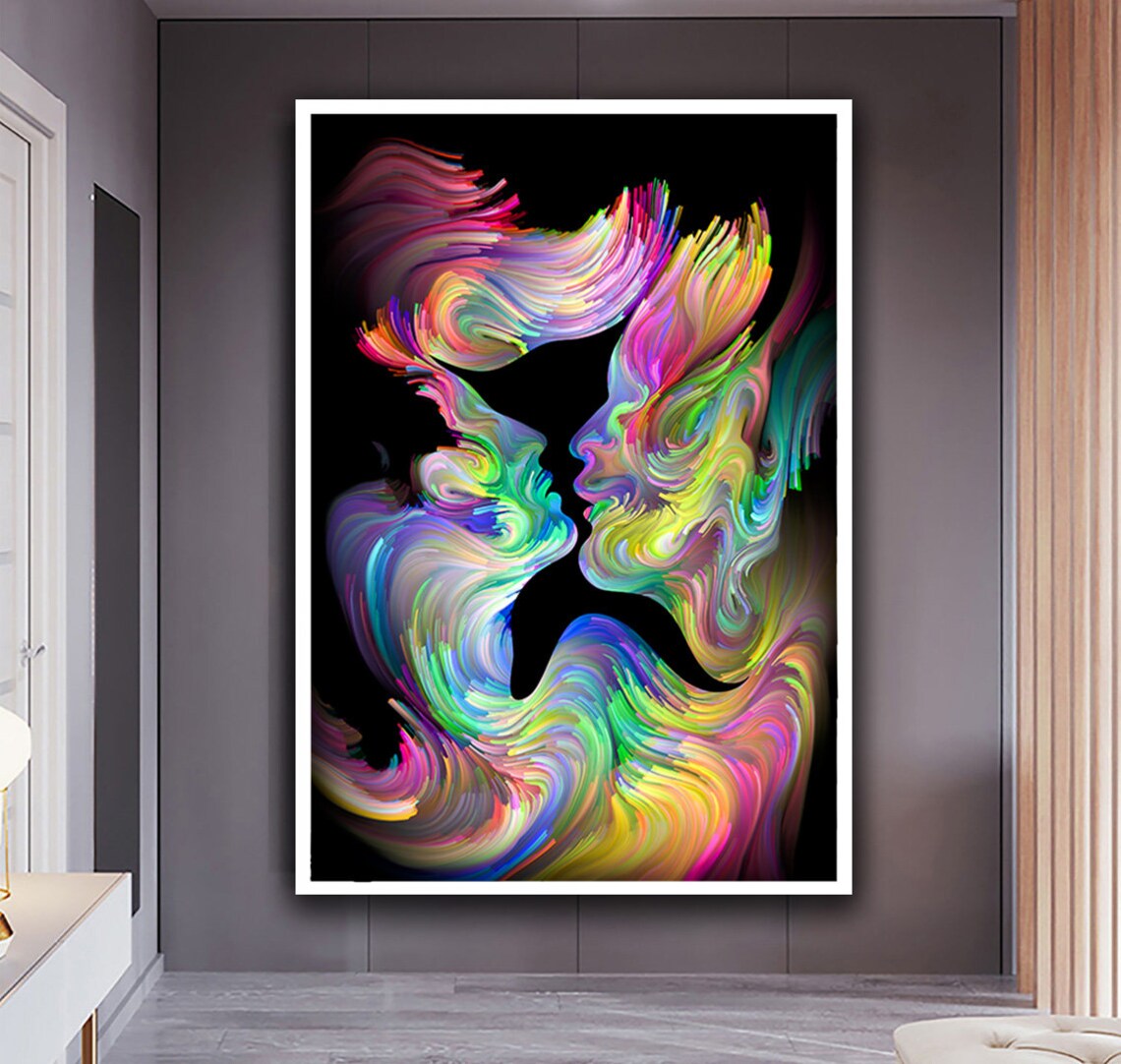 Abstract Kissing Couple Colorful Smoke Faces Black Background Love Poster - Image 3