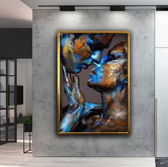 Romantic Couple Kiss Blue Gold Body Paint Passionate Love Art Wall Poster