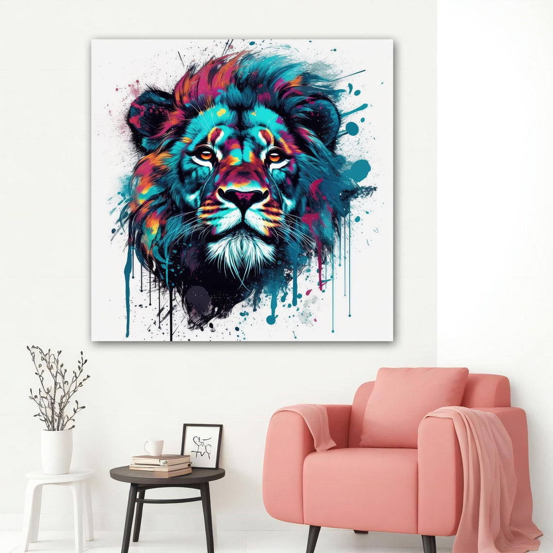 Colorful Lion Splash Art Teal Pink White Background Animal Poster - Image 5