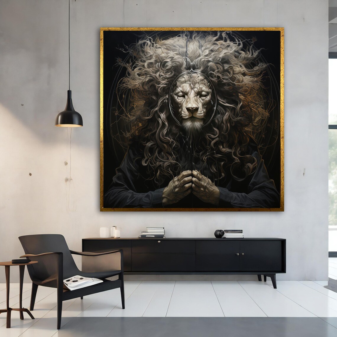 Meditating Lion Monk Prayer Zen Dark Spiritual Animal Art Poster - Image 2