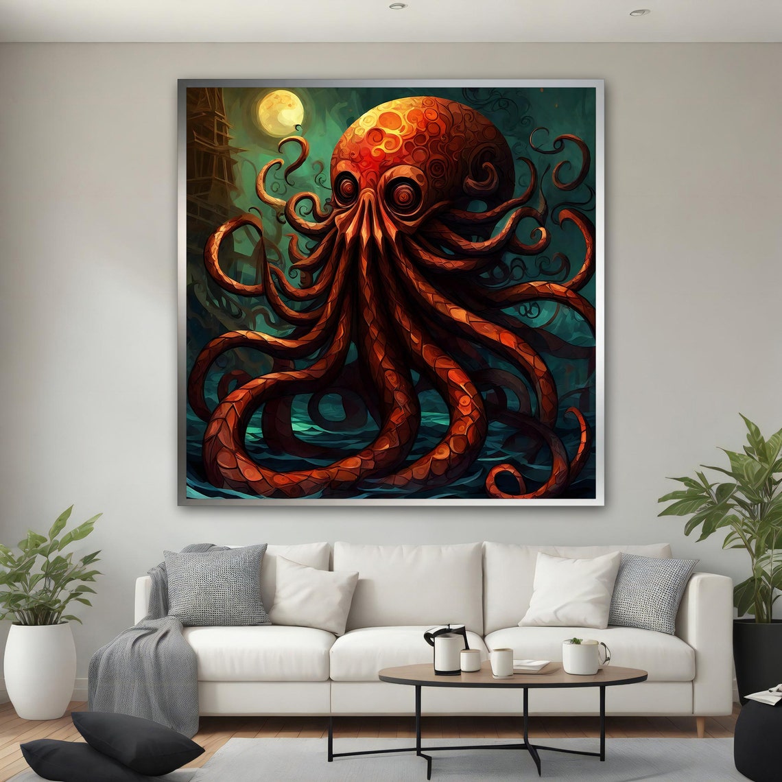 Red Octopus Full Moon Night Sea Kraken Tentacle Animal Art Poster - Image 2