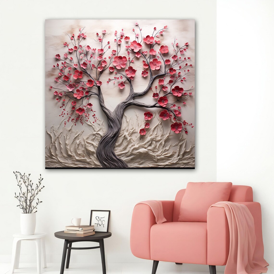 Red Blossom Tree 3D Relief Cream Floral Sculpted Wall Art Poster - Image 4