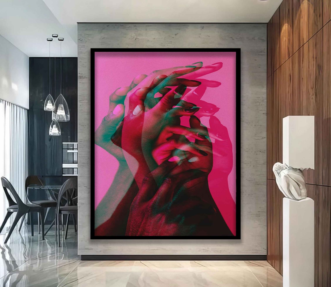 Romantic Couple Intertwined Hands Double Exposure Pink Love Poster