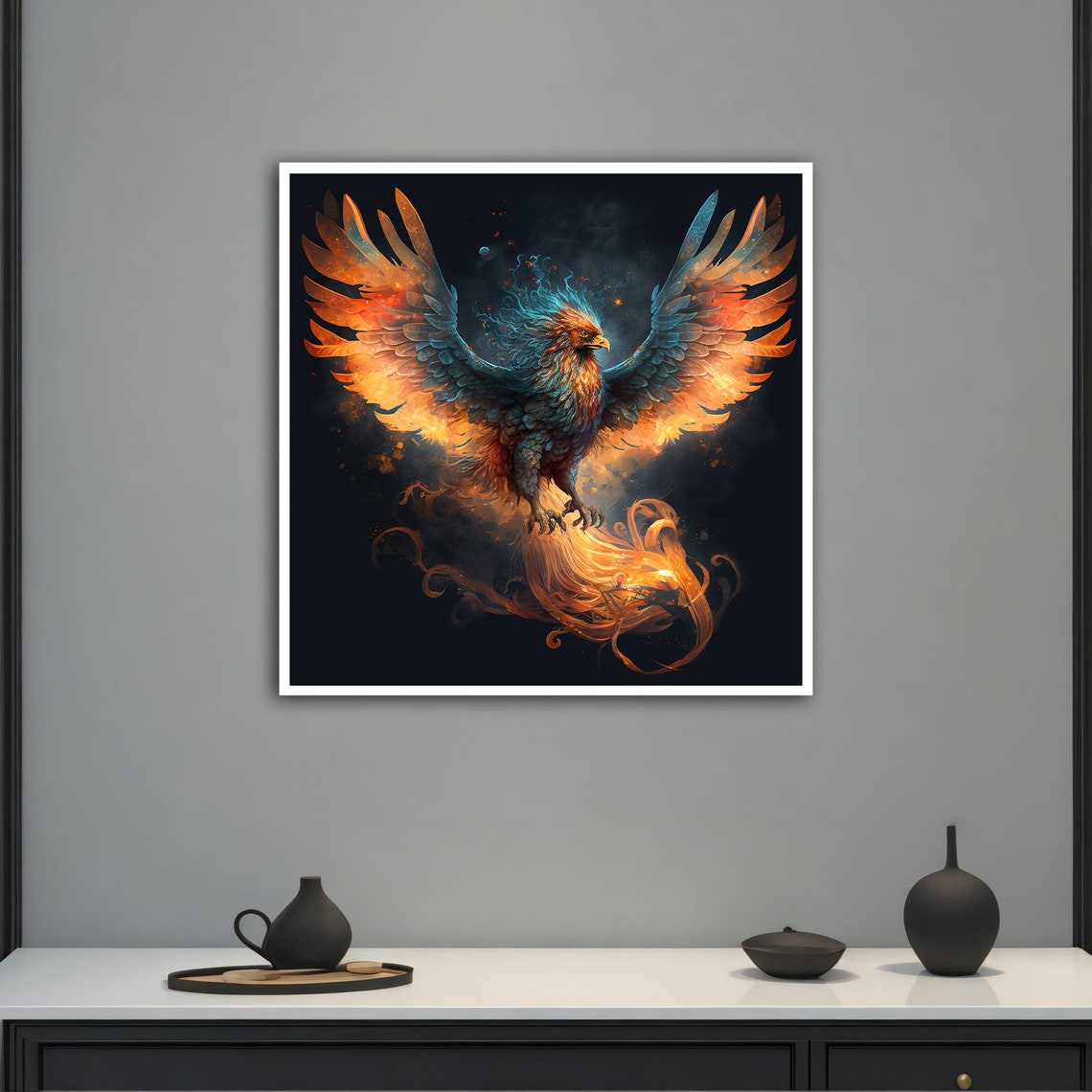 Phoenix Rising Fire Wings Black Background Mythical Bird Art Poster - Image 5