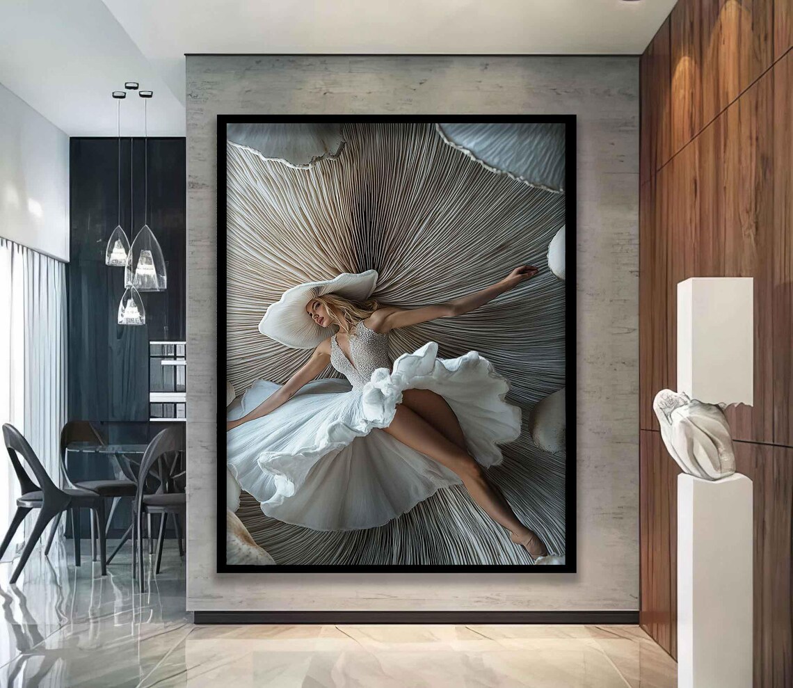 Woman In White Dress Big Hat Dancing Shell Background Modern Art Poster - Image 3