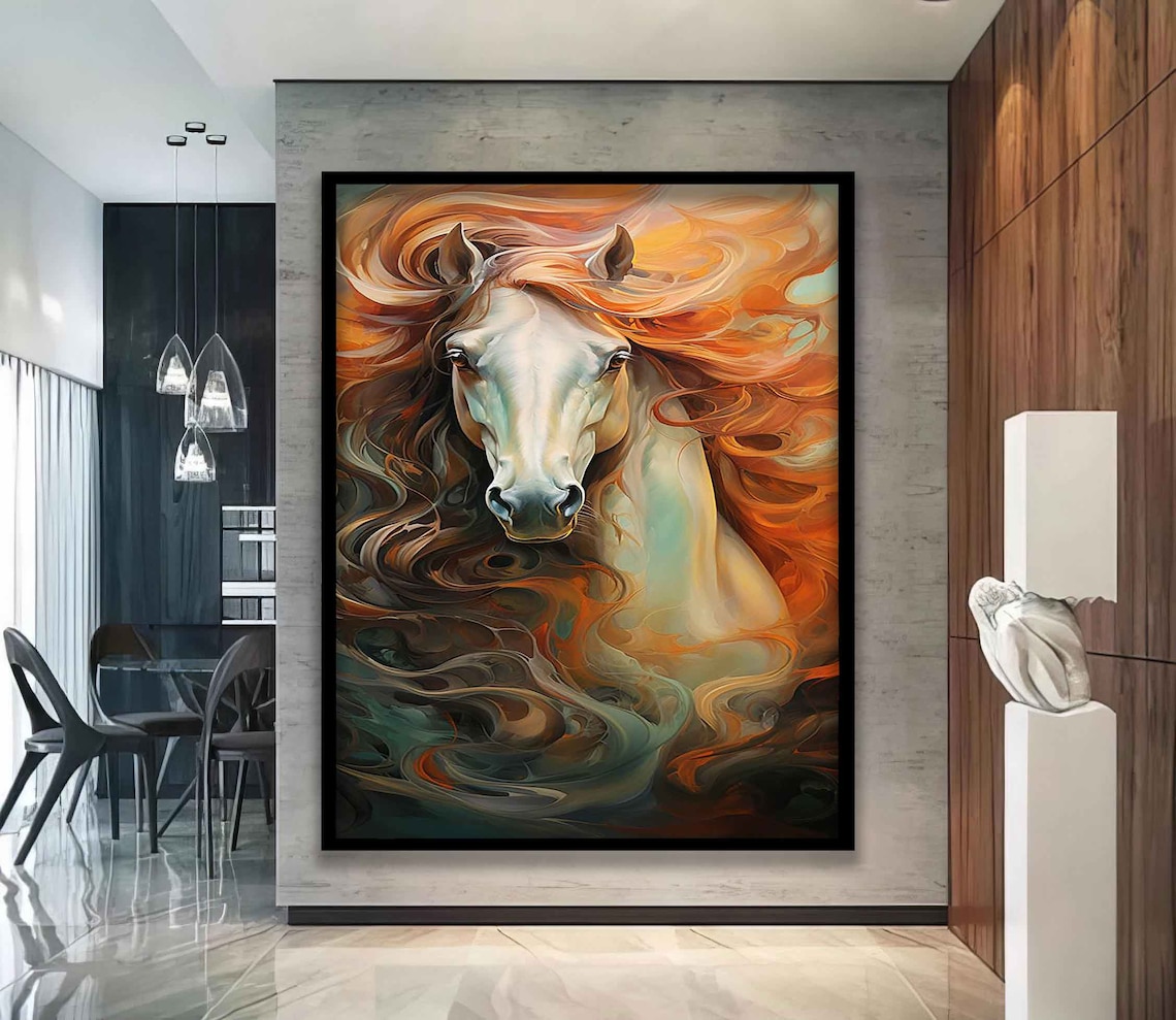 White Horse Fiery Orange Flowing Mane Majestic Equine Art Poster - Image 5