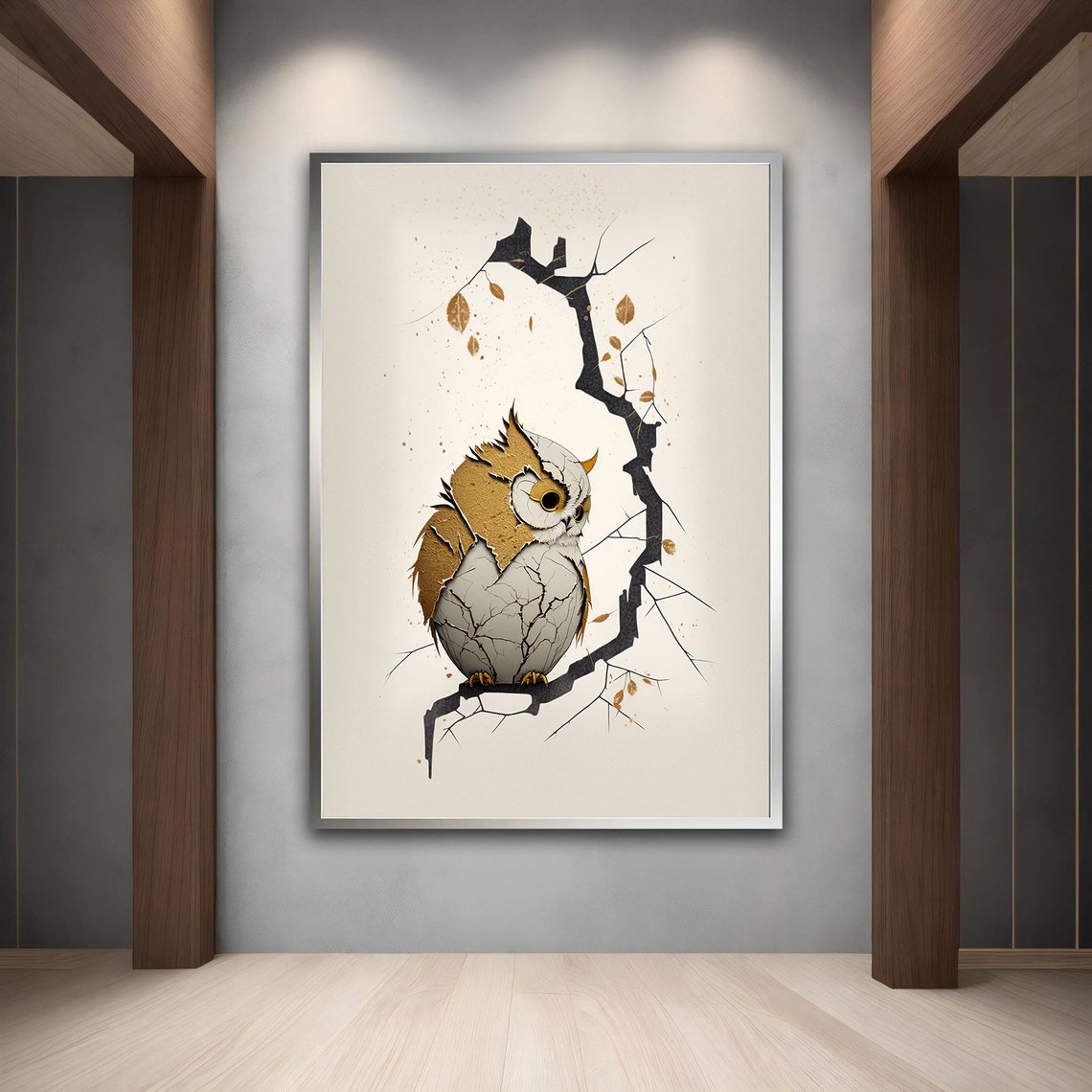 Cute Owl on Twisted Branch Minimalist Golden Leaf Wall Art Print - Image 2