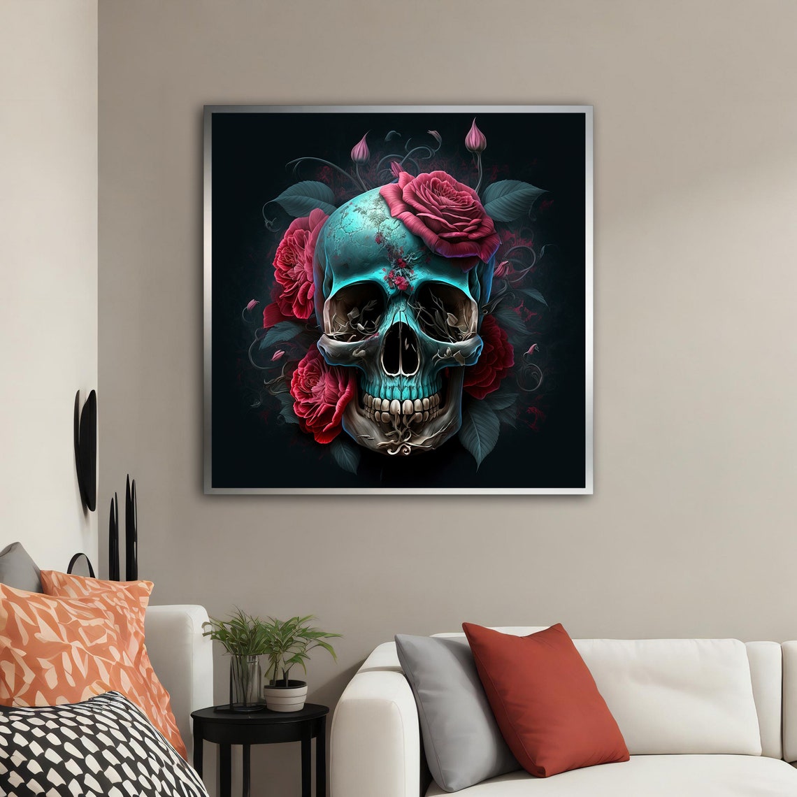 Gothic Skull with Red Roses Dark Floral Macabre Wall Art Poster - Image 4