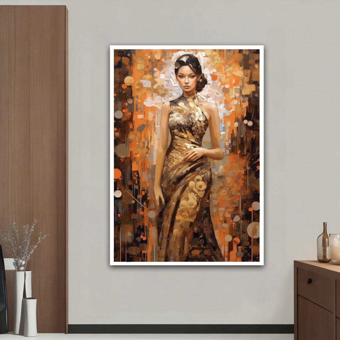 Elegant Woman Golden Gown Amber Abstract Luxury Glamour Art Poster - Image 3