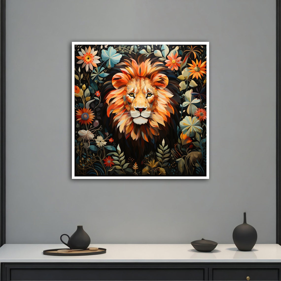 Lion in Floral Jungle Botanical Gold Frame Ornate Animal Art Poster - Image 2