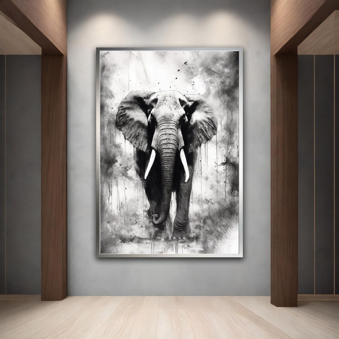 Black And White Elephant Front View Watercolor Style Art Poster - Image 5