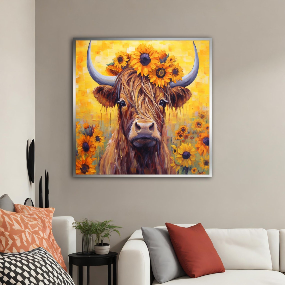 Highland Cow with Sunflower Crown Golden Yellow Floral Art Poster - Image 5