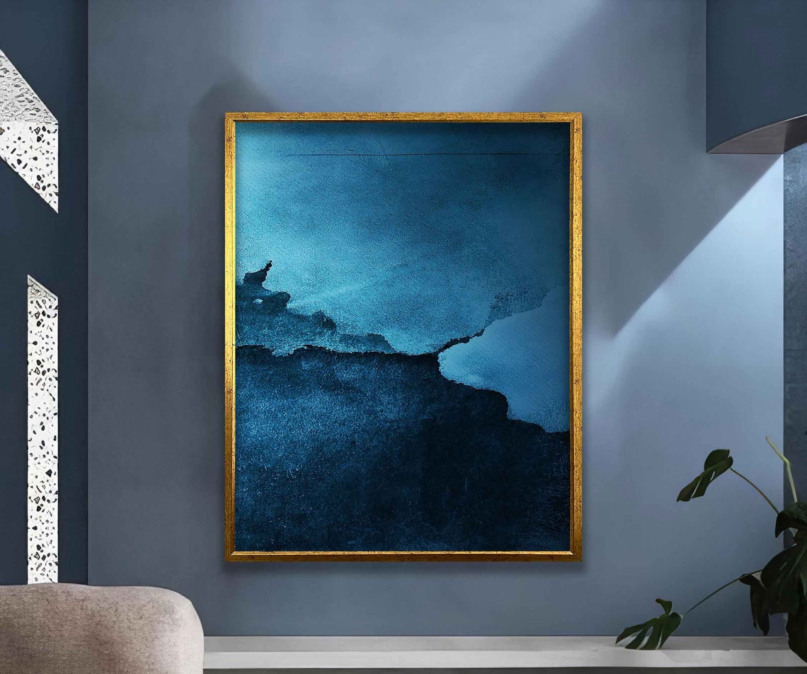 Navy Blue Abstract Watercolor Color Field Modern Wall Art Poster - Image 4