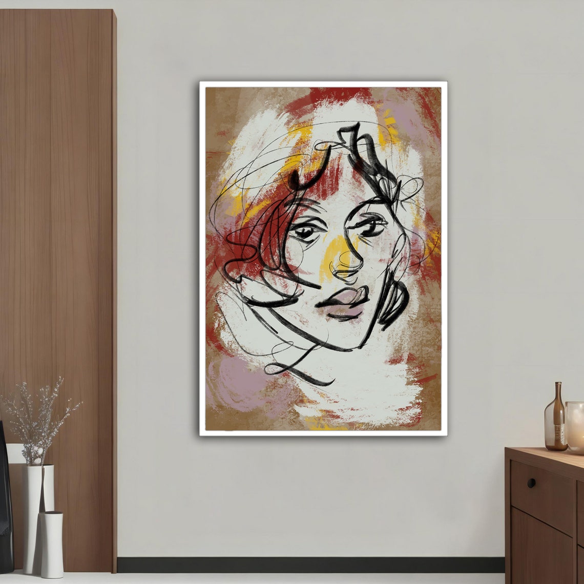 Abstract Woman Face Sketch Line Art Portrait Red Yellow Brush Print - Image 5