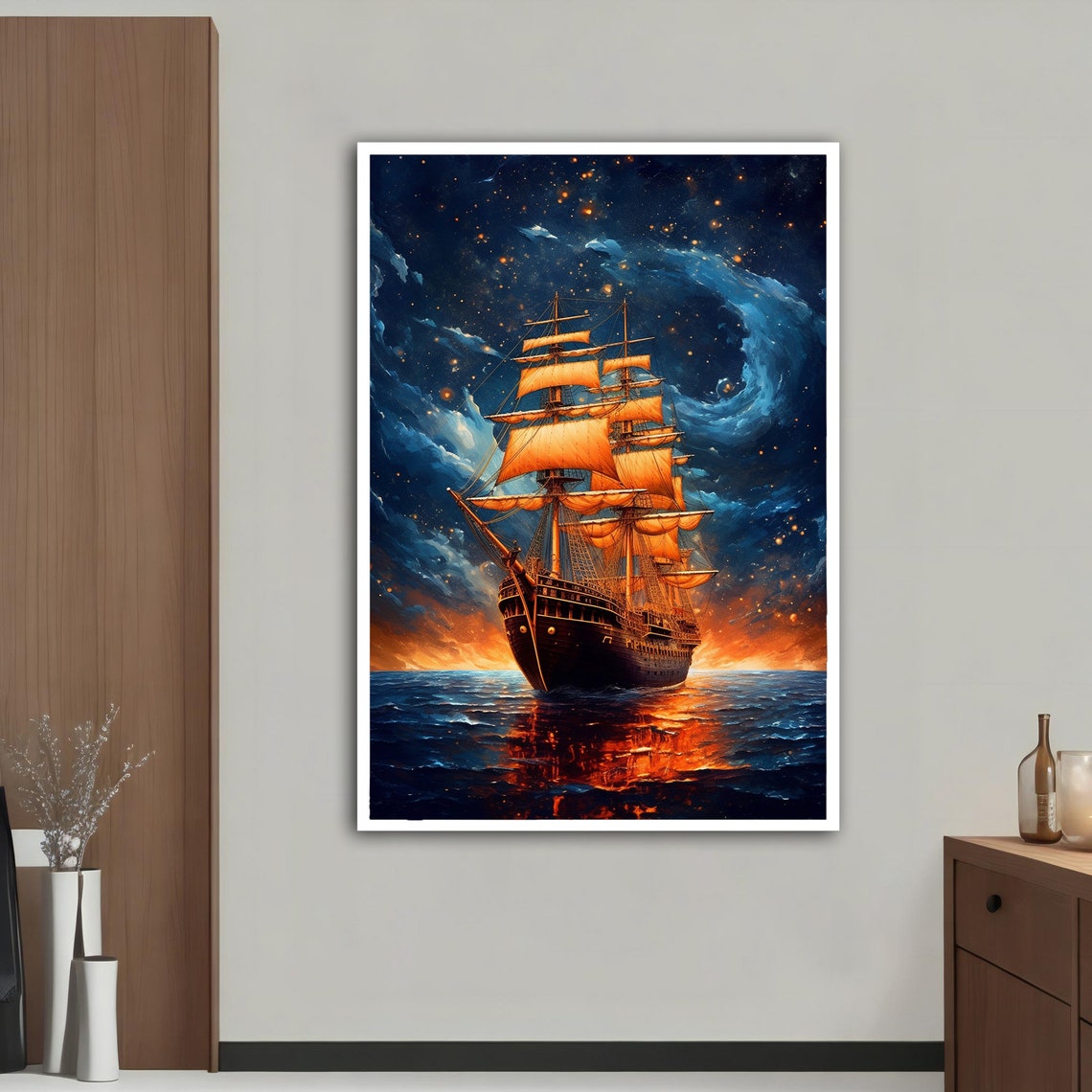 Tall Ship Glowing Orange Sails Swirling Starry Night Sky Ocean Poster - Image 3