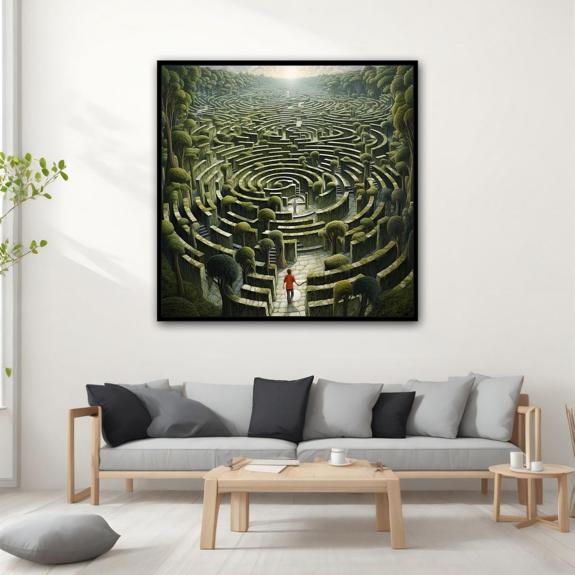 Surreal Green Labyrinth Garden Maze With Lone Wanderer Art Poster - Image 2