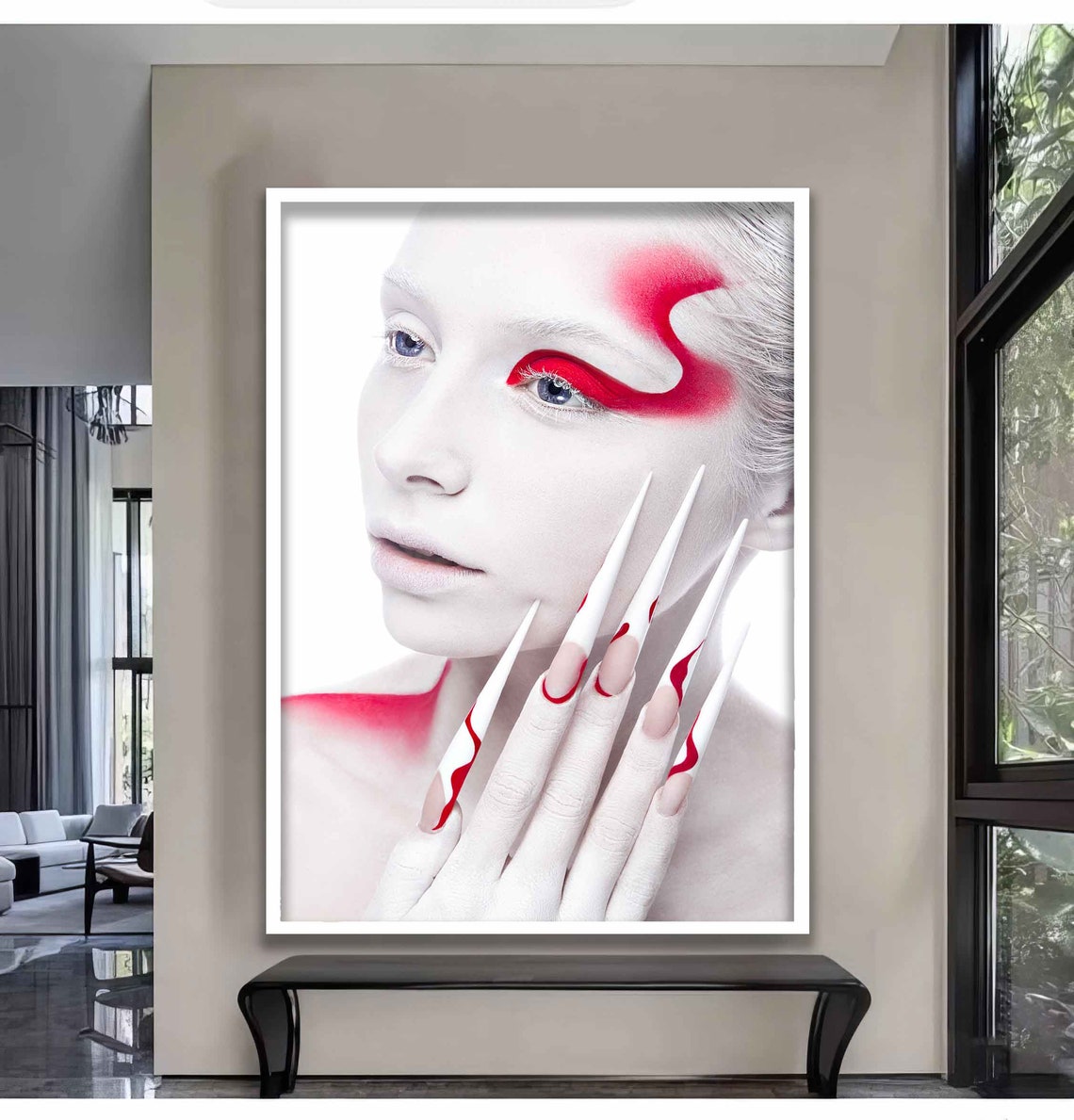 White Face Red Eye Makeup Artistic Woman Portrait Nail Art Poster - Image 2