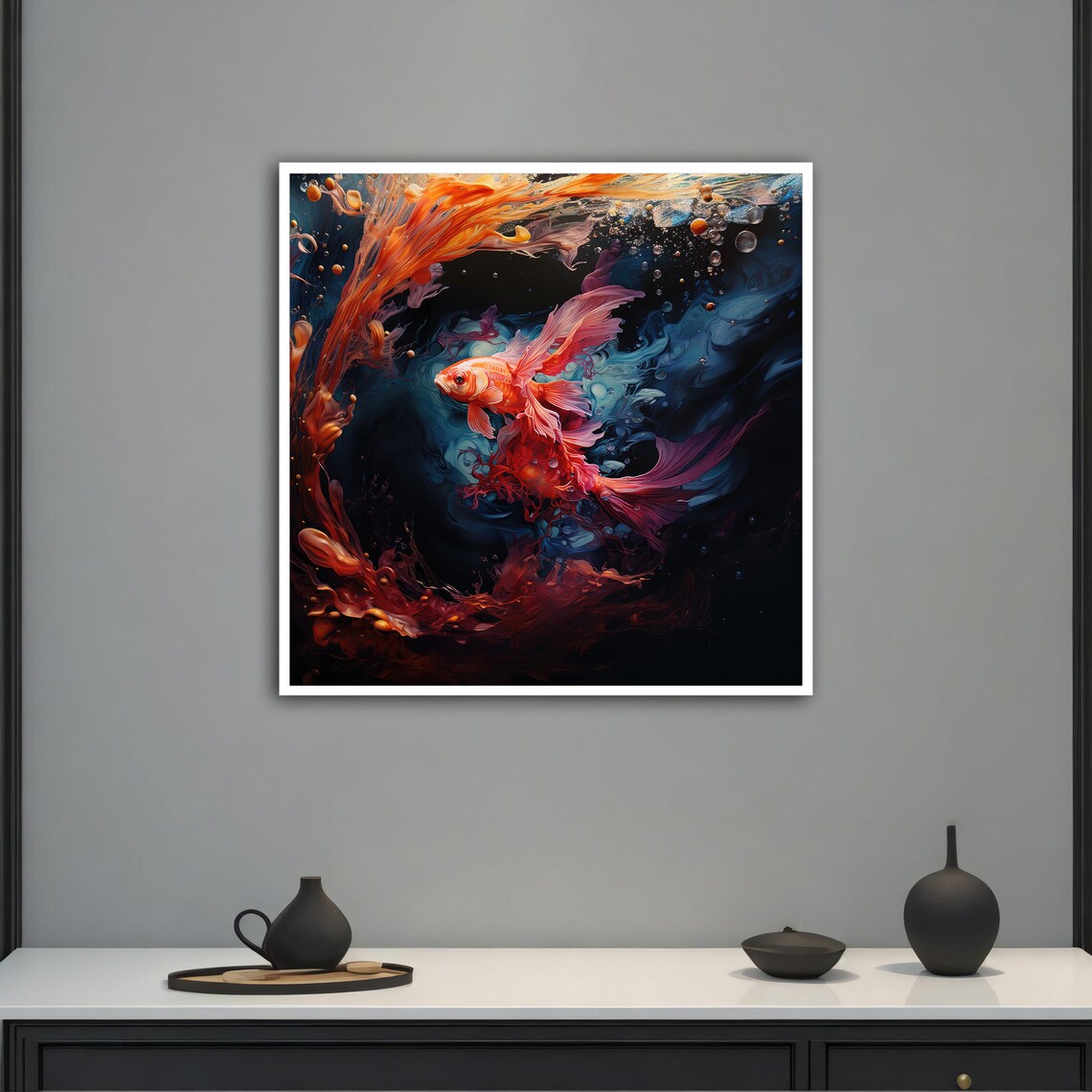 Orange Koi Fish Swimming In Dark Swirling Ink Water Art Poster - Image 4
