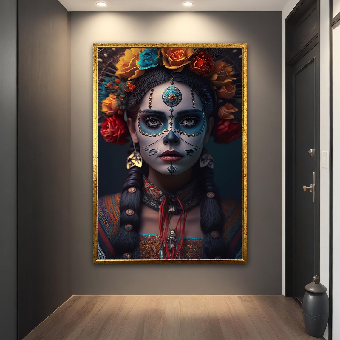 Sugar Skull Catrina Woman Flower Crown Day Of The Dead Portrait Poster - Image 3