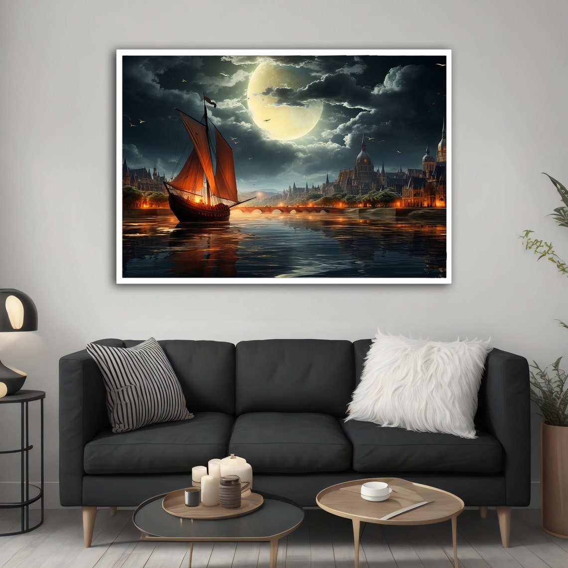 Sailing Ship Red Sails Full Moon Night Harbor Fantasy Nautical Poster - Image 3