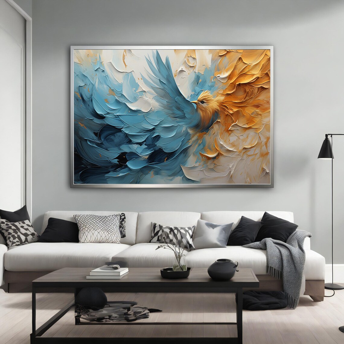 Blue Gold Bird Flying Painting Textured Wings Majestic Flight Poster - Image 2