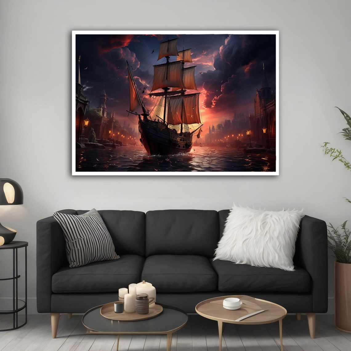 Sailing Ship Old Town Canal Sunset Harbor Vintage Nautical Art Poster - Image 4