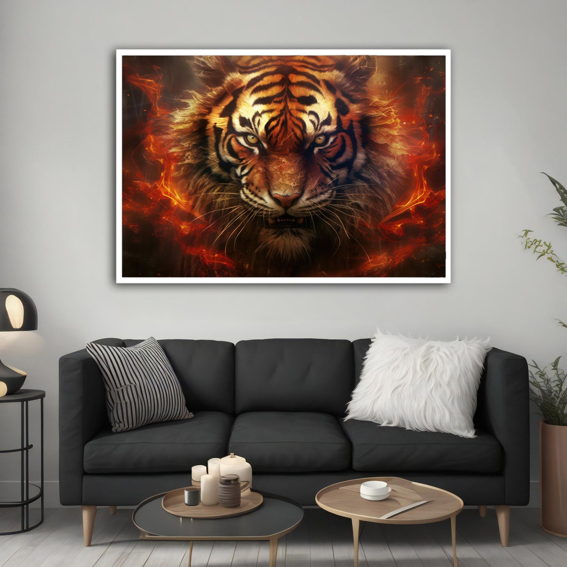 Fiery Tiger Face Flames Wild Burning Eyes Dramatic Animal Art Poster - Image 3
