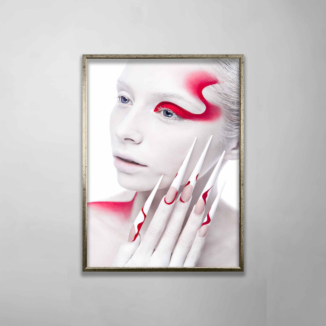 White Face Red Eye Makeup Artistic Woman Portrait Nail Art Poster - Image 5