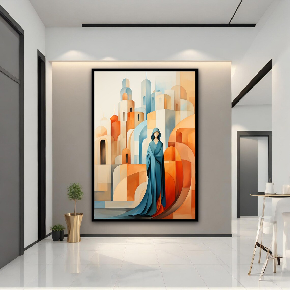 Hooded Figure Abstract Geometric Cityscape Terracotta Blue Art Poster