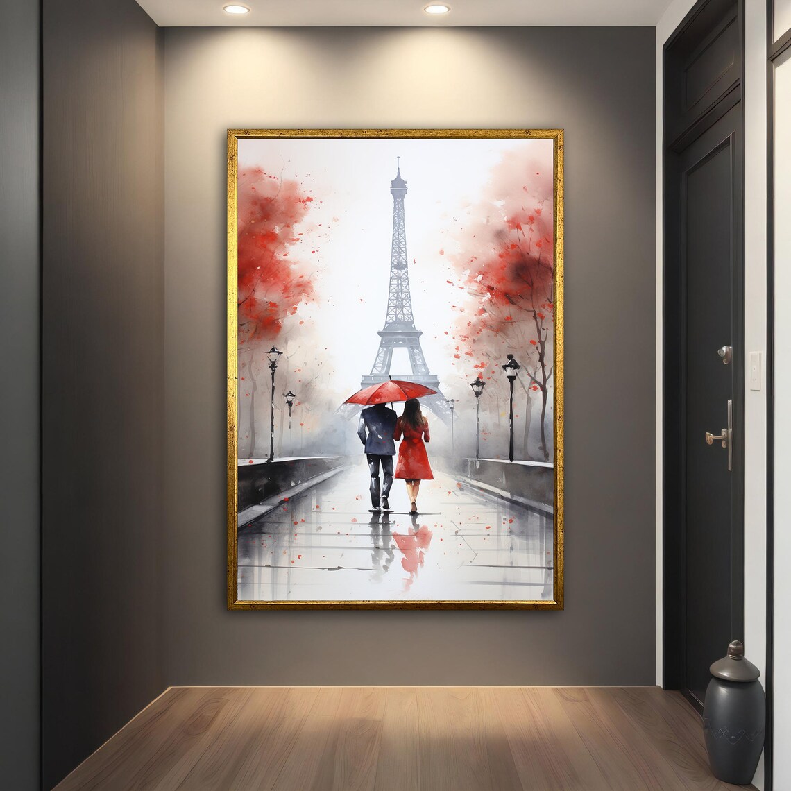 Eiffel Tower Rain Couple Red Umbrella Paris Watercolor Travel Poster - Image 3