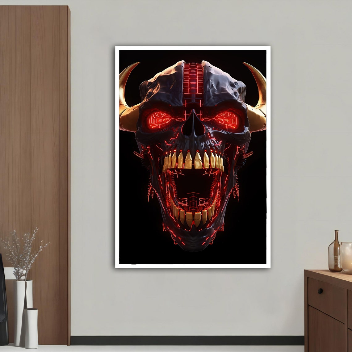 Demon Skull Red Glowing Eyes Horns Gold Teeth Dark Fantasy Art Poster - Image 3