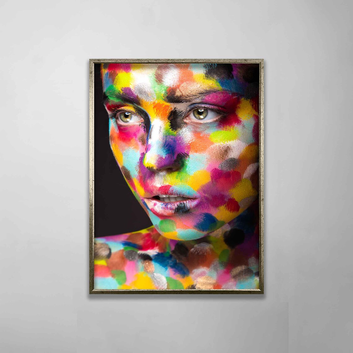 Rainbow Face Paint Woman Portrait Multicolor Splatter Abstract Art Poster - Image 3