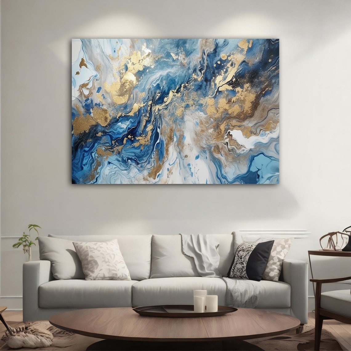 Blue Gold Marbling Abstract Painting Ocean Waves Swirl Wall Poster - Image 5