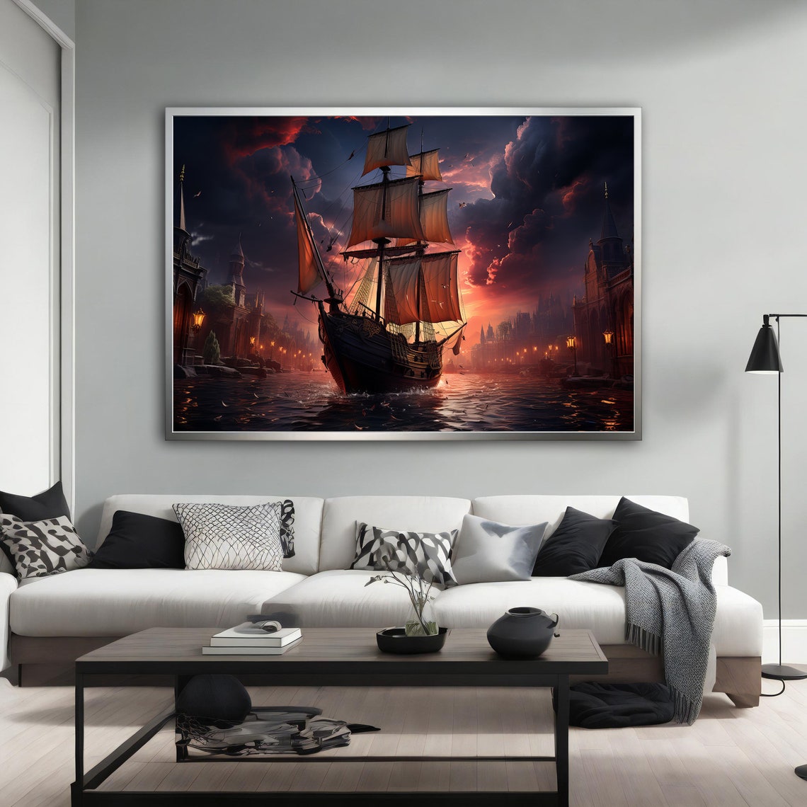 Sailing Ship Old Town Canal Sunset Harbor Vintage Nautical Art Poster - Image 3