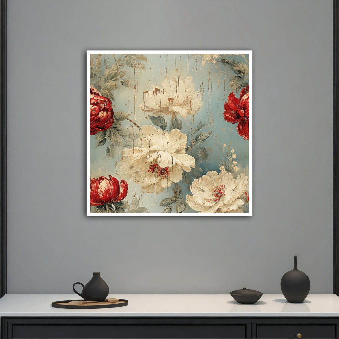 Vintage White and Red Peonies Teal Distressed Floral Art Poster - Image 2