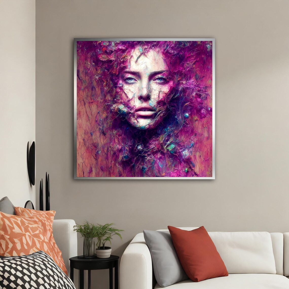 Magenta Purple Abstract Woman Face Textured Oil Painting Poster - Image 3
