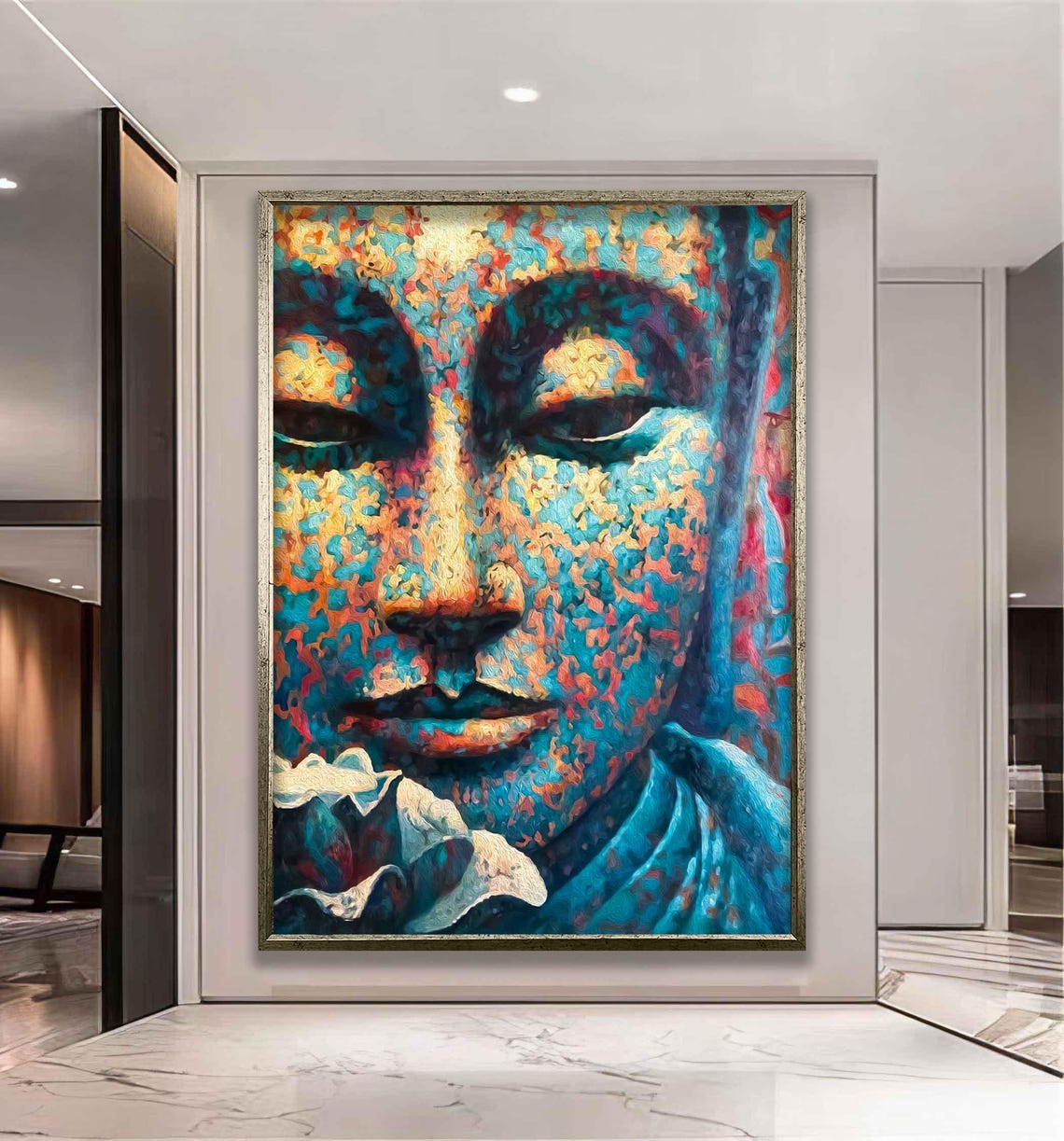 Colorful Mosaic Buddha Face Serene Blue Meditation Wall Art Poster - Image 4