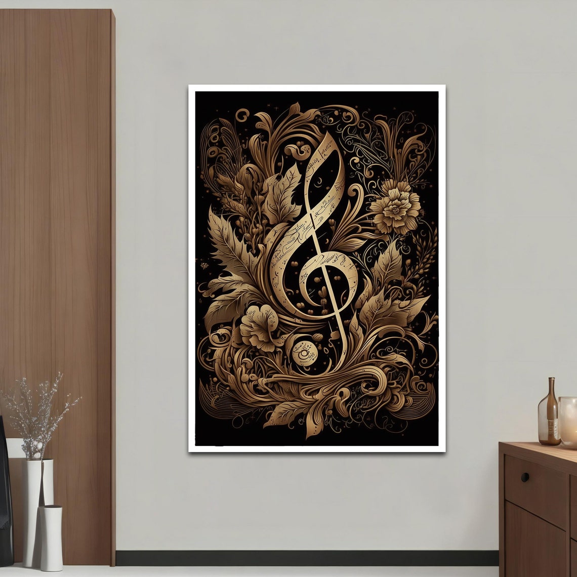 Golden Treble Clef With Baroque Floral Ornament On Black Poster - Image 2