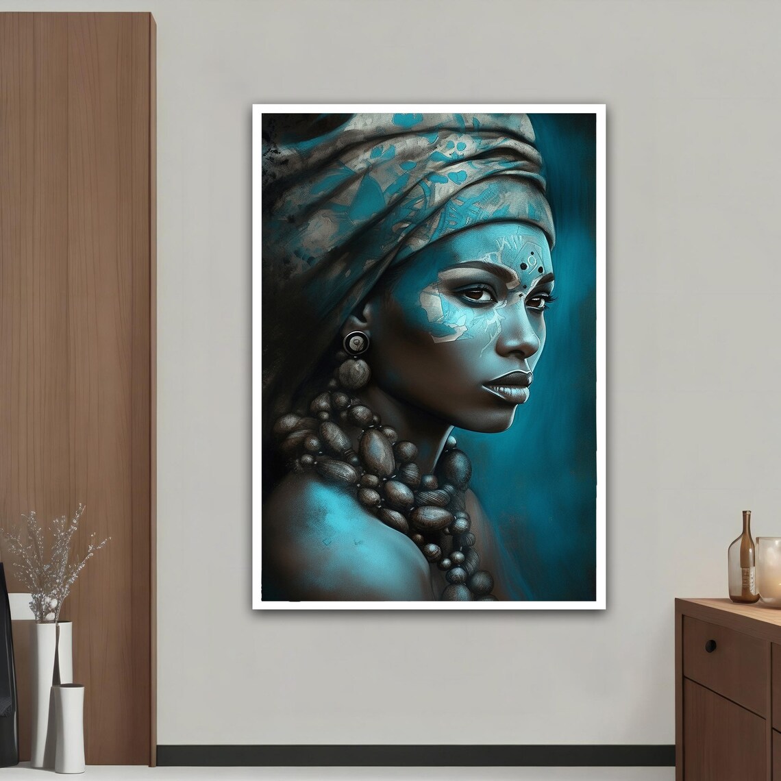 African Woman Blue Monochrome Headwrap Teal Ethnic Portrait Art Poster - Image 4