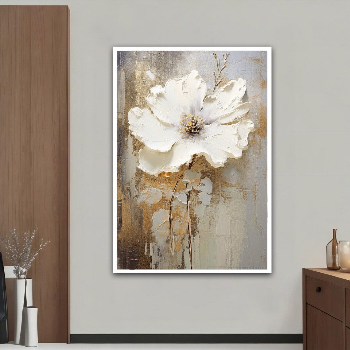White Magnolia Impasto Gold Background Elegant Floral Wall Art Poster - Image 2