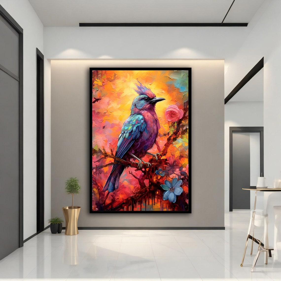 Colorful Crested Songbird on Branch Vibrant Oil Painting Bird Print - Image 3