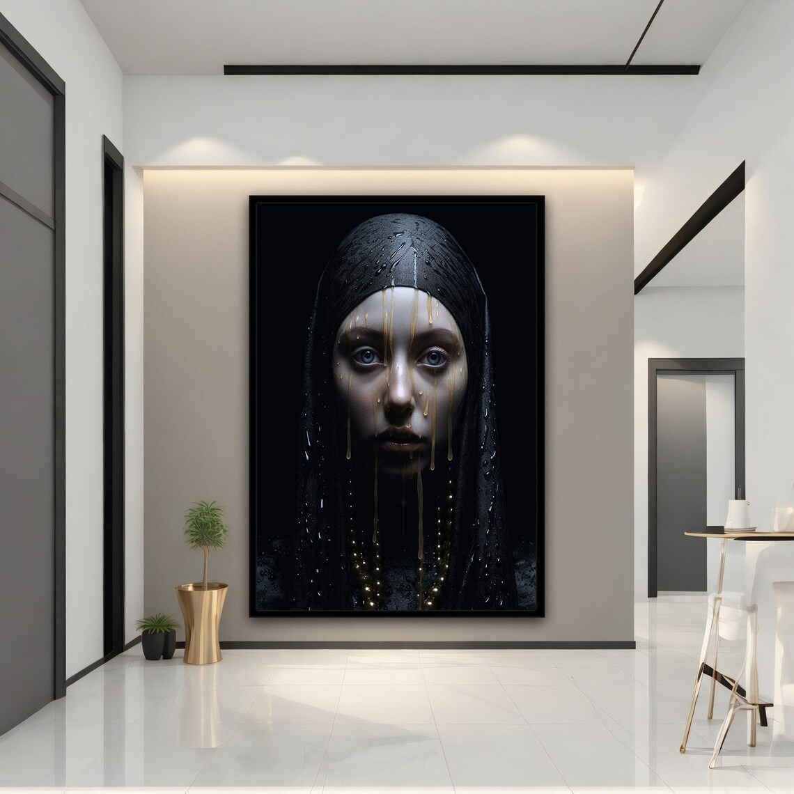 Dark Veiled Woman Golden Tears Dramatic Gothic Portrait Art Poster - Image 2