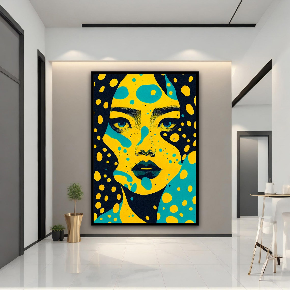 Yellow Teal Pop Art Woman Face Spotted Bold Graphic Modern Art Print - Image 4