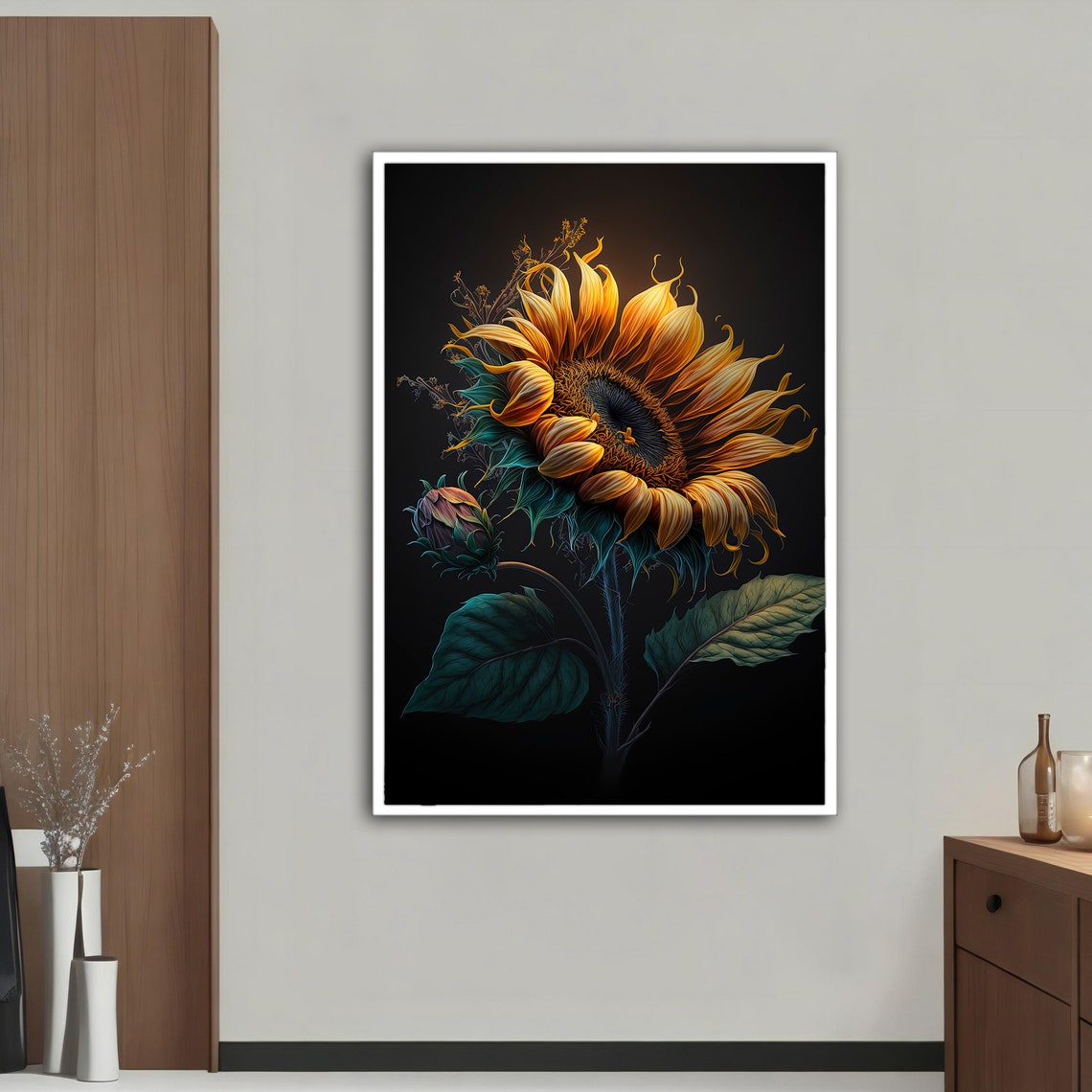 Sunflower Bloom Black Background Dramatic Botanical Gold Frame Poster - Image 2