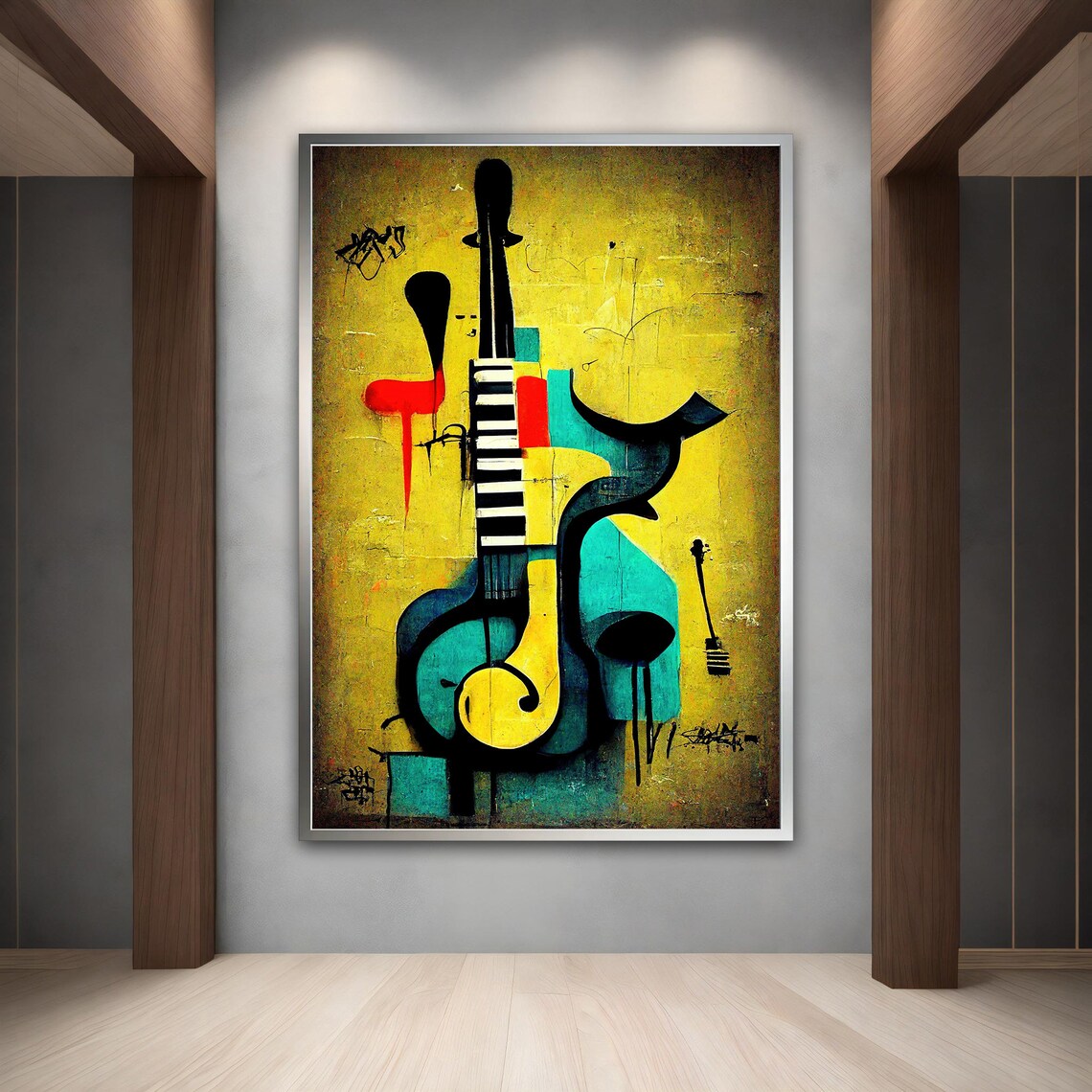 Abstract Cubist Guitar Yellow Background Colorful Music Art Print - Image 3
