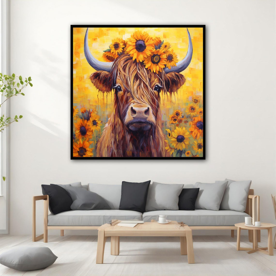 Highland Cow with Sunflower Crown Golden Yellow Floral Art Poster - Image 3