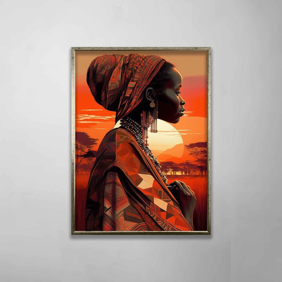 African Woman Sunset Savanna Silhouette Red Headwrap Ethnic Art Poster - Image 3