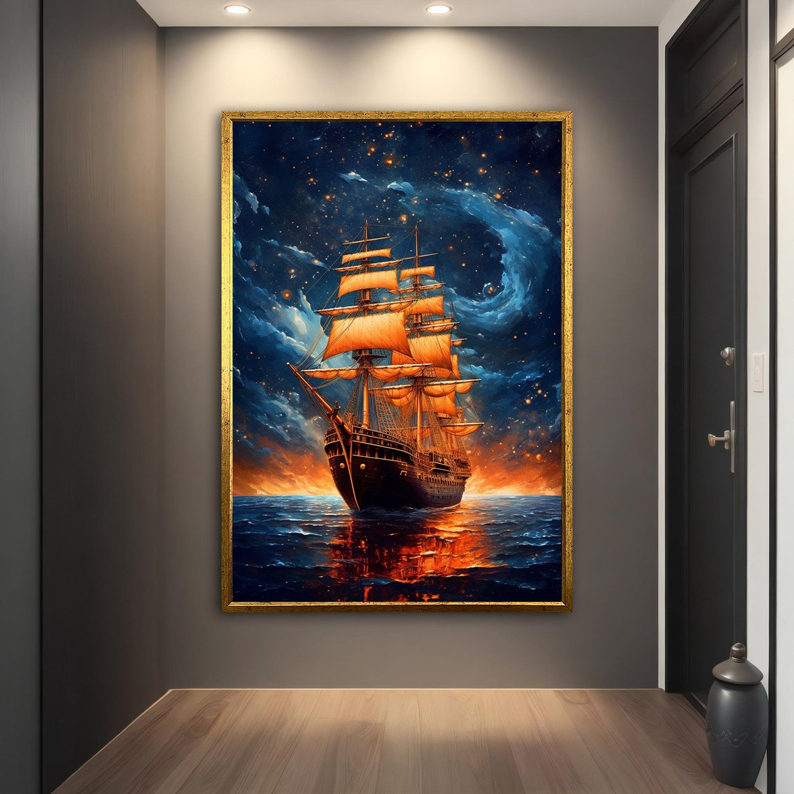 Tall Ship Glowing Orange Sails Swirling Starry Night Sky Ocean Poster - Image 4