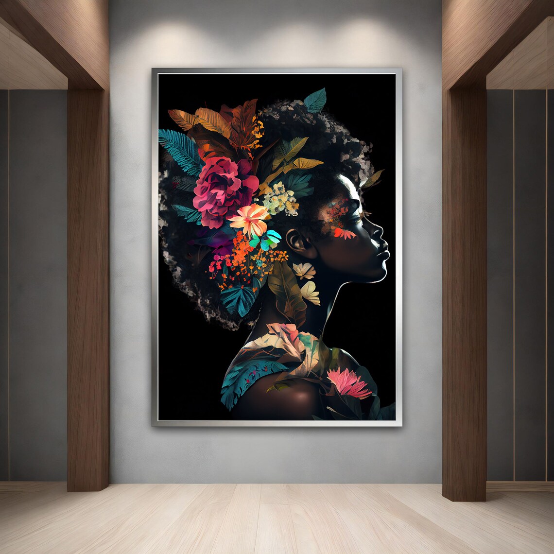 African Woman Silhouette Profile With Vibrant Flowers Art Poster - Image 2